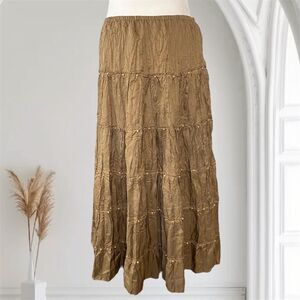 Sunny Leigh Ethereal Fairy Grunge Brown Tan Silk Beaded Midi Maxi Skirt L